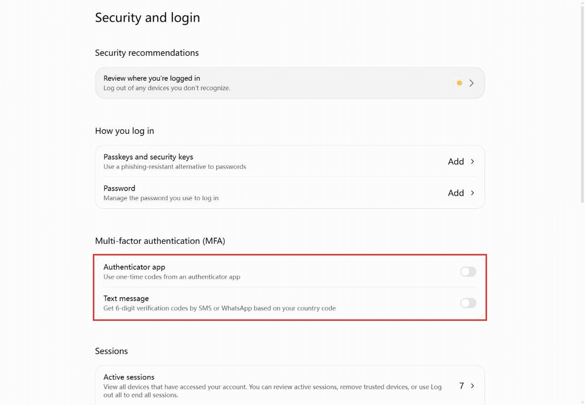 hatGPT Settings page on Security and login with the Multi-factor authentication block outlined in red, showing Authenticator app and Text message toggles switched off, above Passkeys and Password rows.