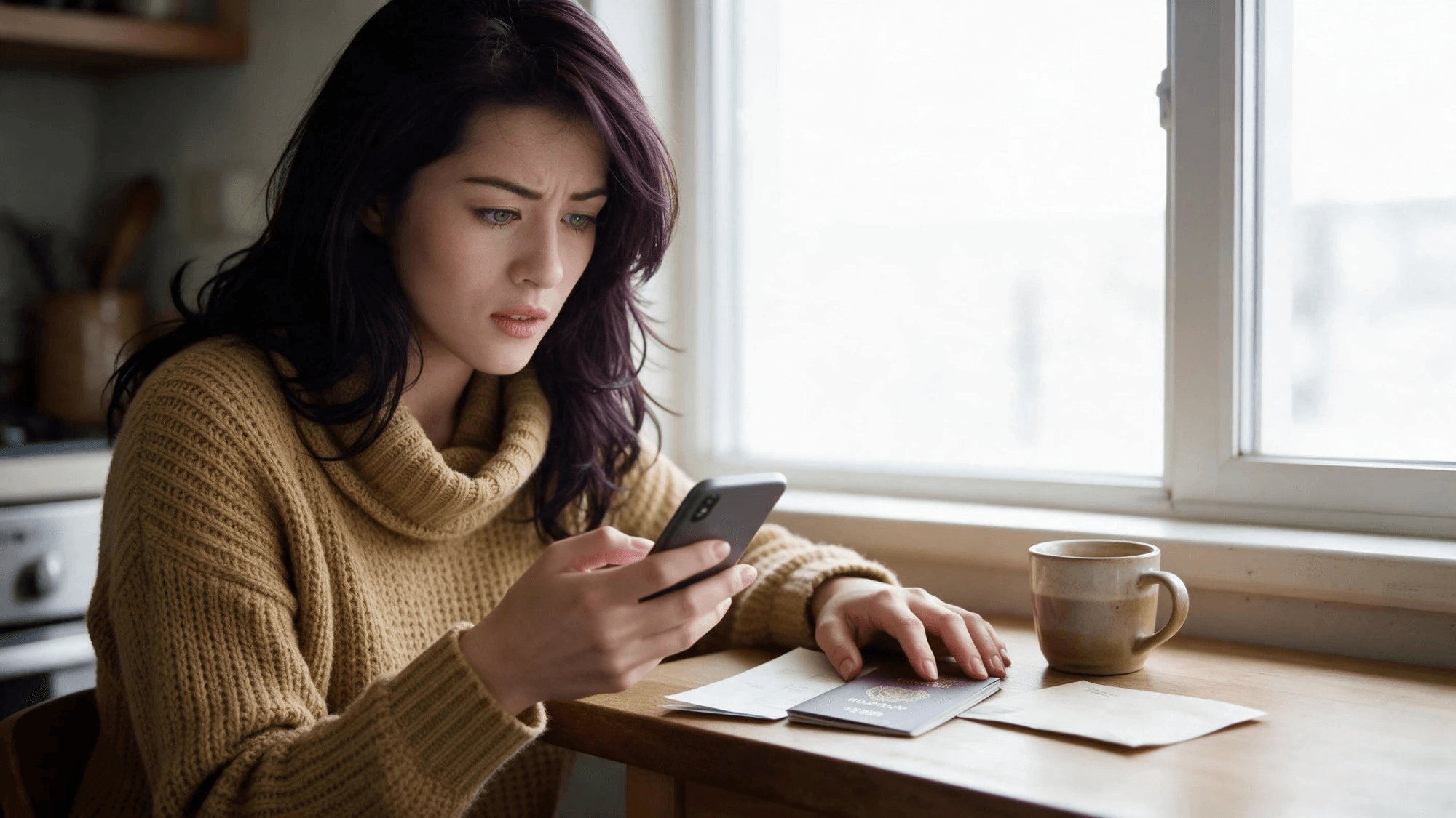 A woman in her late twenties at a kitchen table in morning window light, reading a ChatGPT reply on her phone while her other hand rests on a passport and two folded letters turned face down.