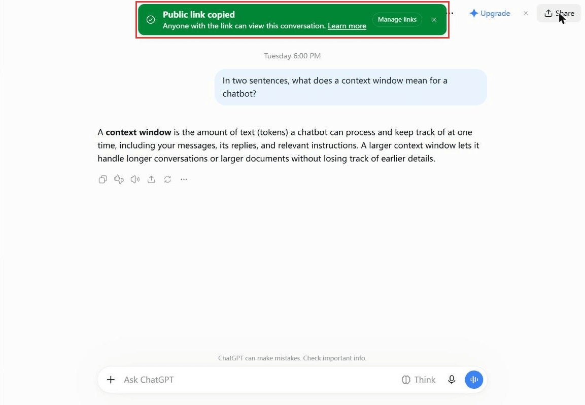 ChatGPT web app showing a green banner that reads Public link copied, Anyone with the link can view this conversation, after the Share button was clicked on a test chat.
