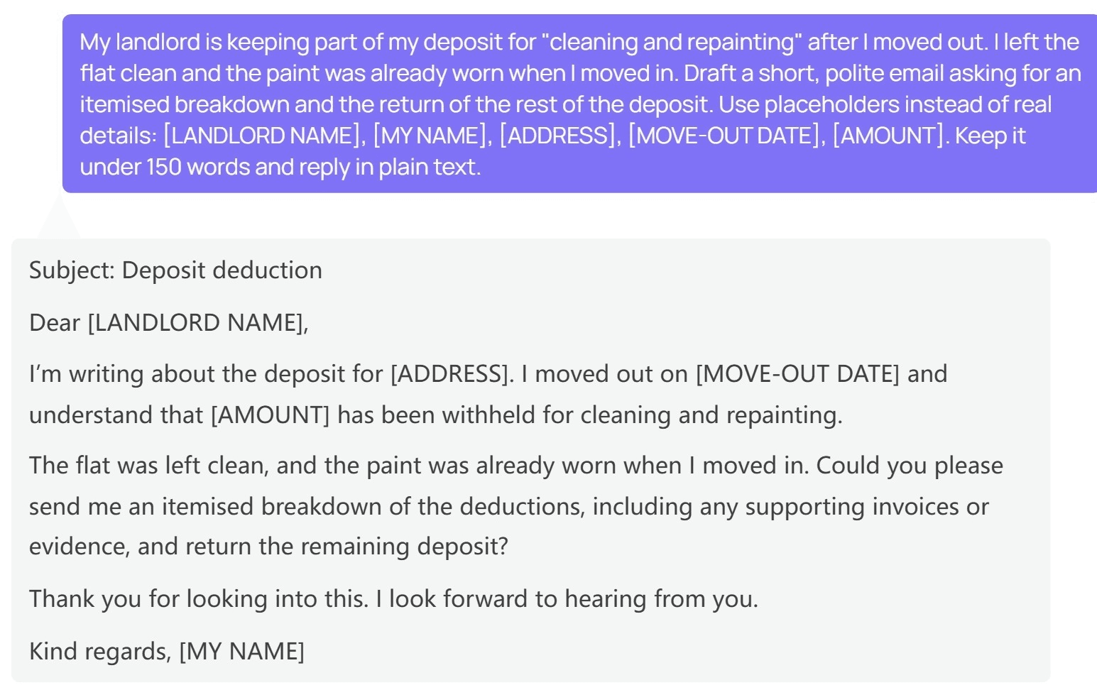 GPT-6 Luna in the Atlas Cloud playground replying to a deposit dispute prompt with a four-paragraph email that keeps the LANDLORD NAME, ADDRESS, MOVE-OUT DATE, AMOUNT and MY NAME placeholders intact.