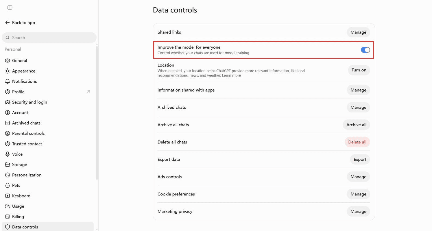 ChatGPT Settings page on Data controls with the Improve the model for everyone toggle switched on and outlined in red, above the Archived chats, Delete all chats and Export data rows.