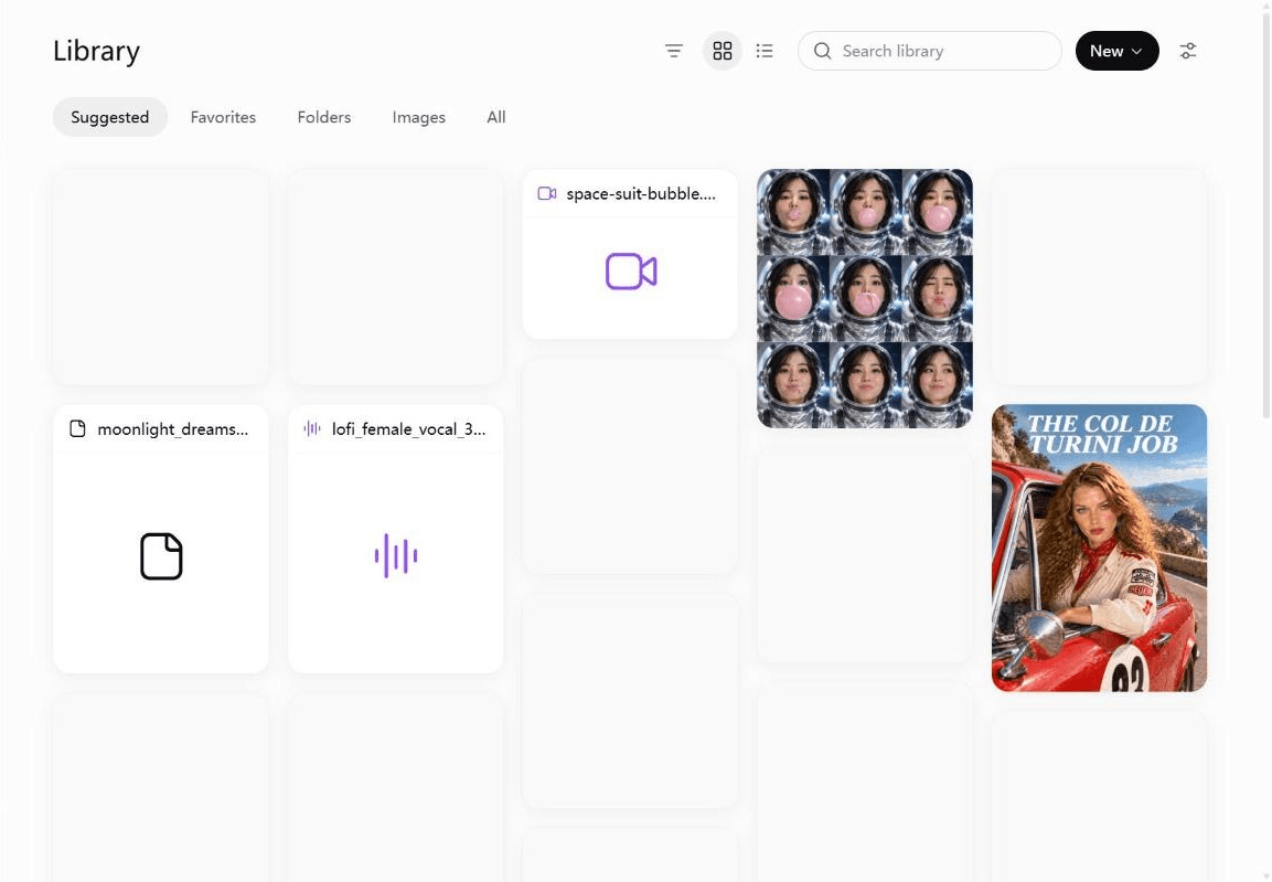 ChatGPT Library page on a free account showing uploaded and generated images, a video file, an audio file and a document in a grid, with the Images filter tab above.