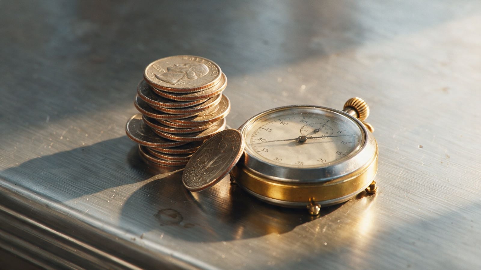 Pila di quarti di dollaro USA accanto a un cronometro vintage