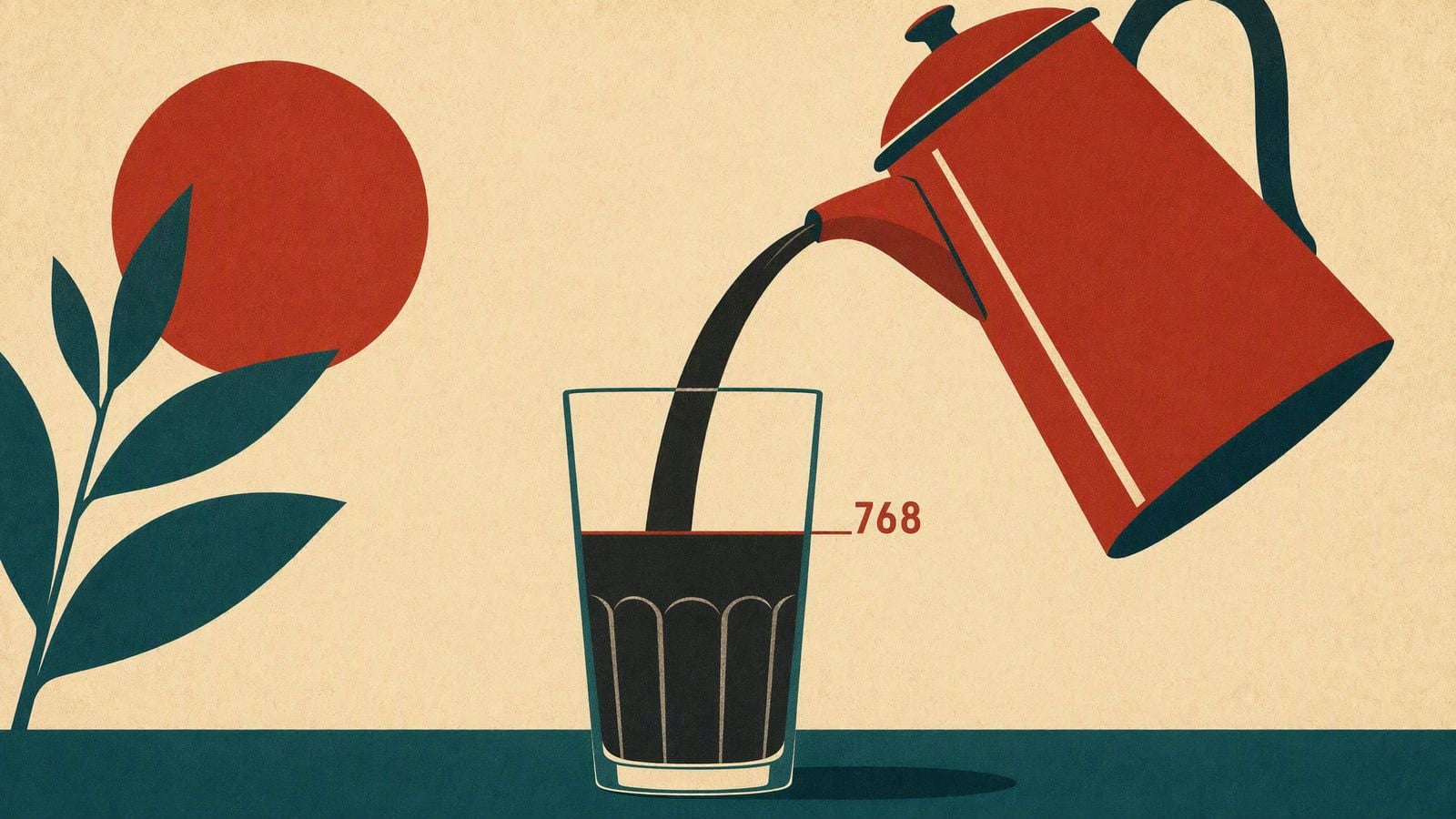 Andiamo con: "Caffettiera rossa che versa liquido scuro in un bicchiere segnato