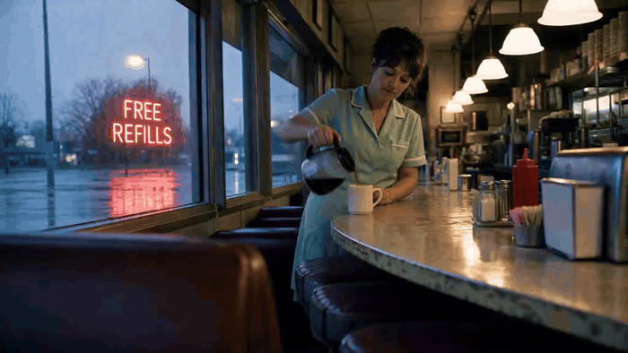 Cameriera che versa caffè al bancone di un diner vicino a un'insegna al neon