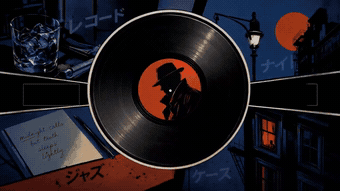 Disco in vinile con sagoma di detective etichettata circondata da immagini noir