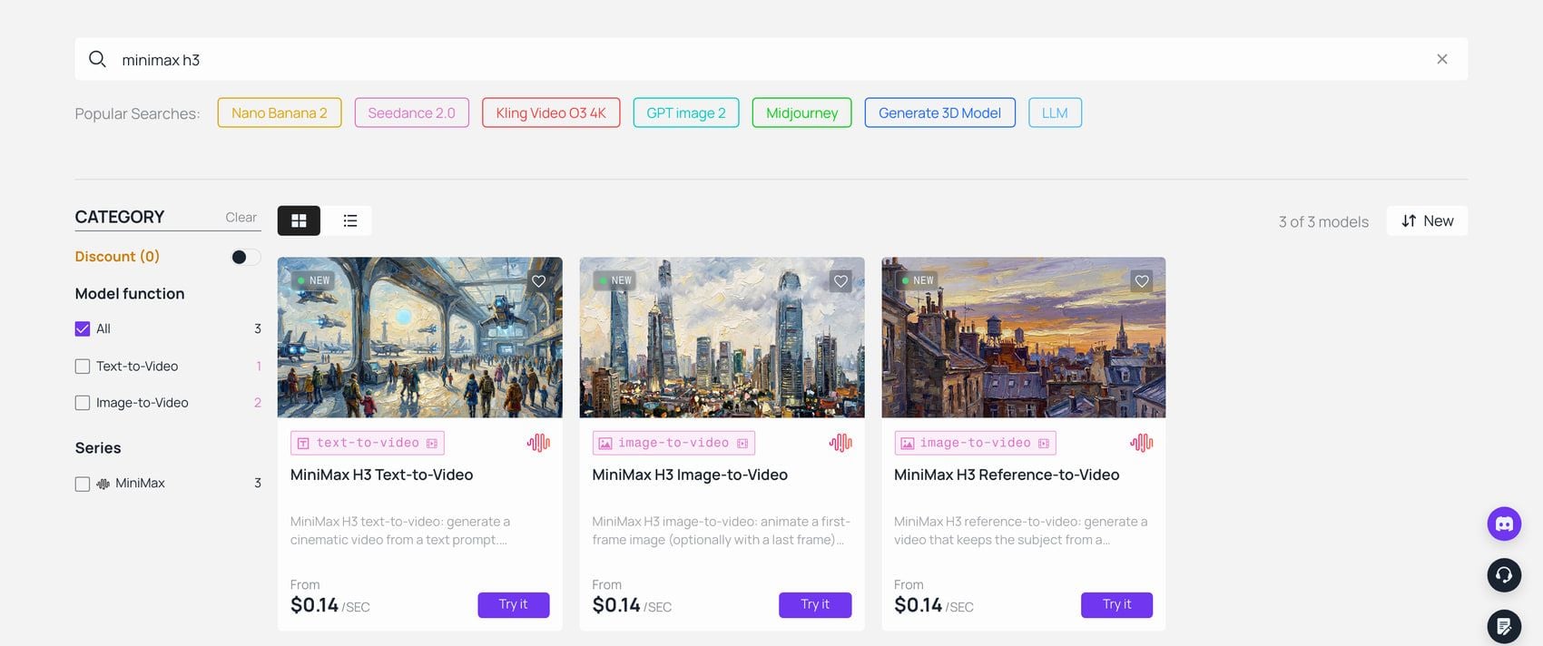 Screenshot dei risultati di ricerca per i modelli di generazione video MiniMax H3