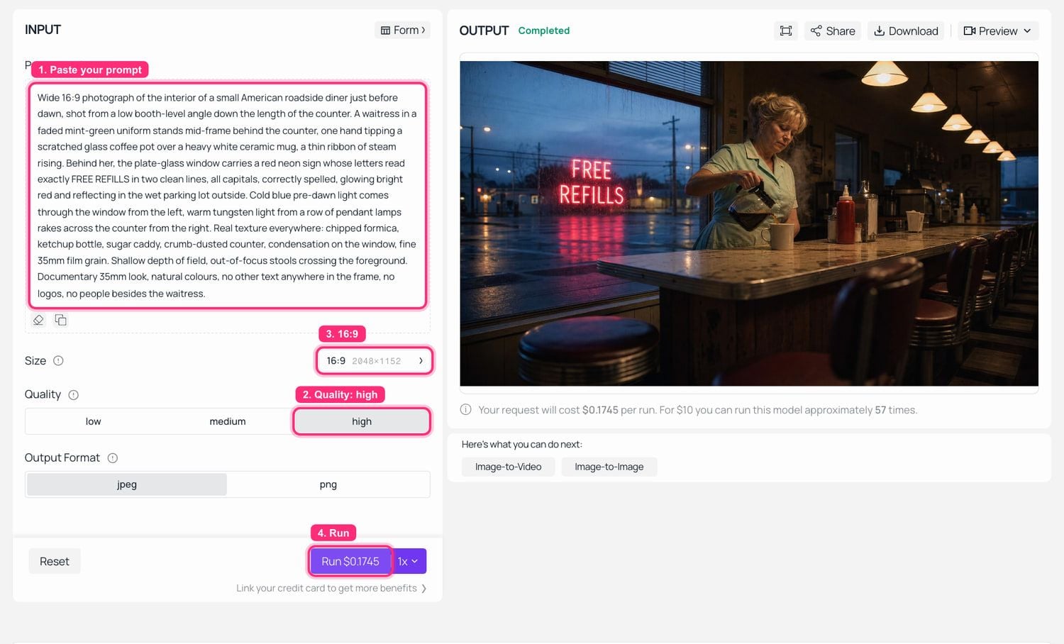 Interfaccia del generatore di immagini AI che mostra un prompt e l'immagine generata