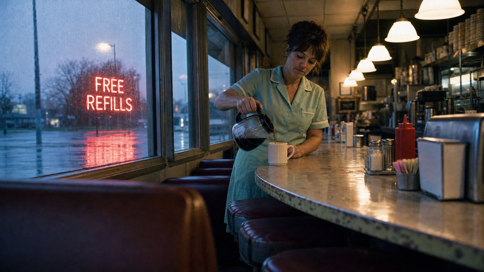 Cameriera versa caffè al bancone di un diner accanto a una finestra piovosa