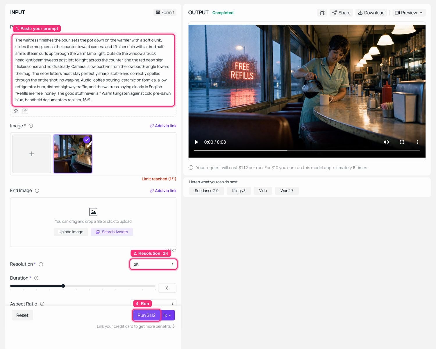 Interfaccia di generazione video AI che mostra input di prompt testuale e output video
