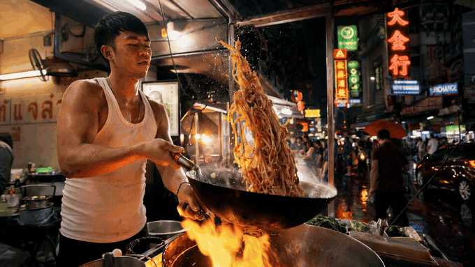 Street vendor tossing noodles in a wok over a large flame