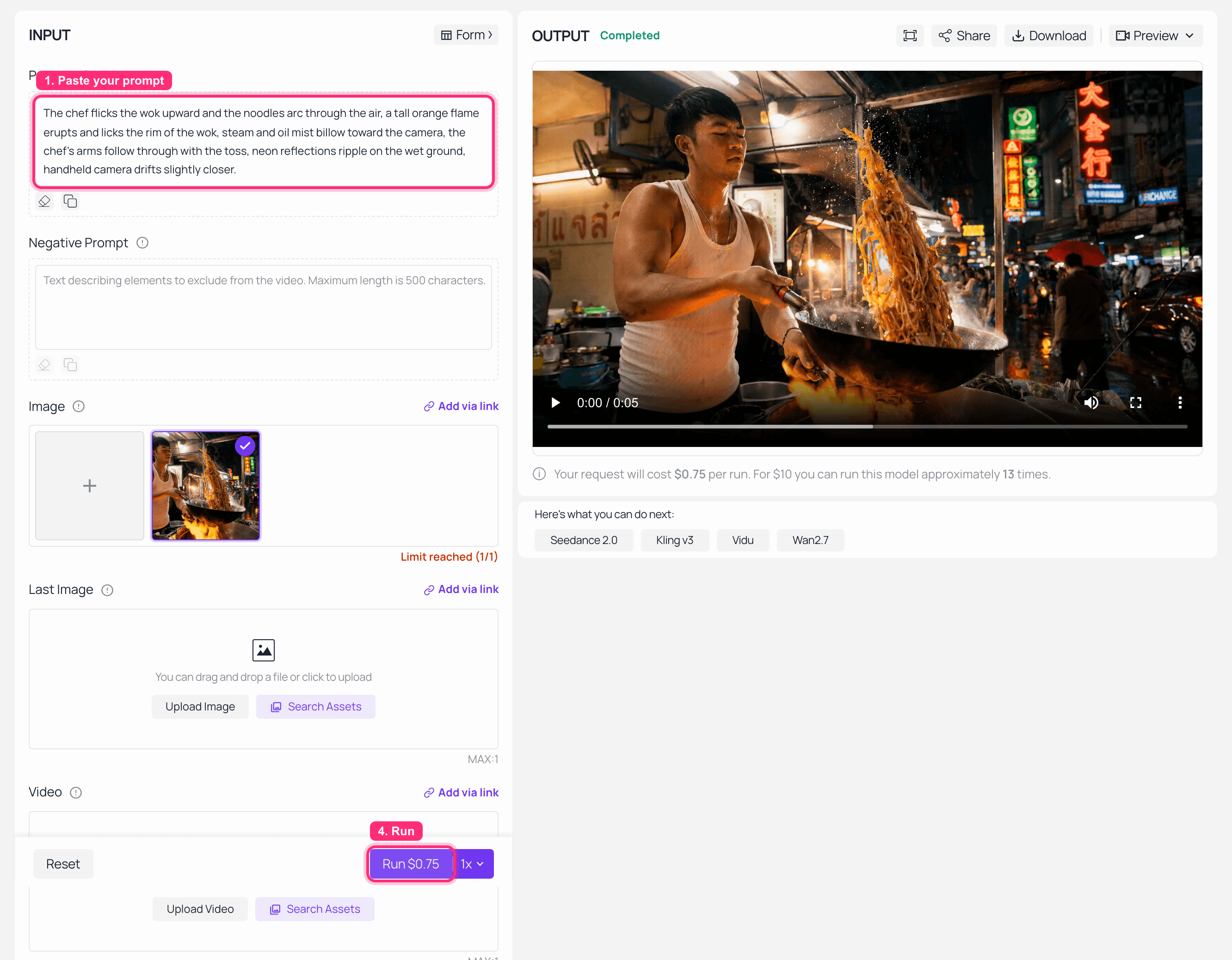 AI video generator interface showing text prompt and generated video output