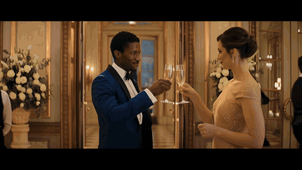 Clip from Kling's official Kling 4.0 trailer showing the Native 30s Generation and Multiple Keyframes title cards over a formal reception scene and a bar interior