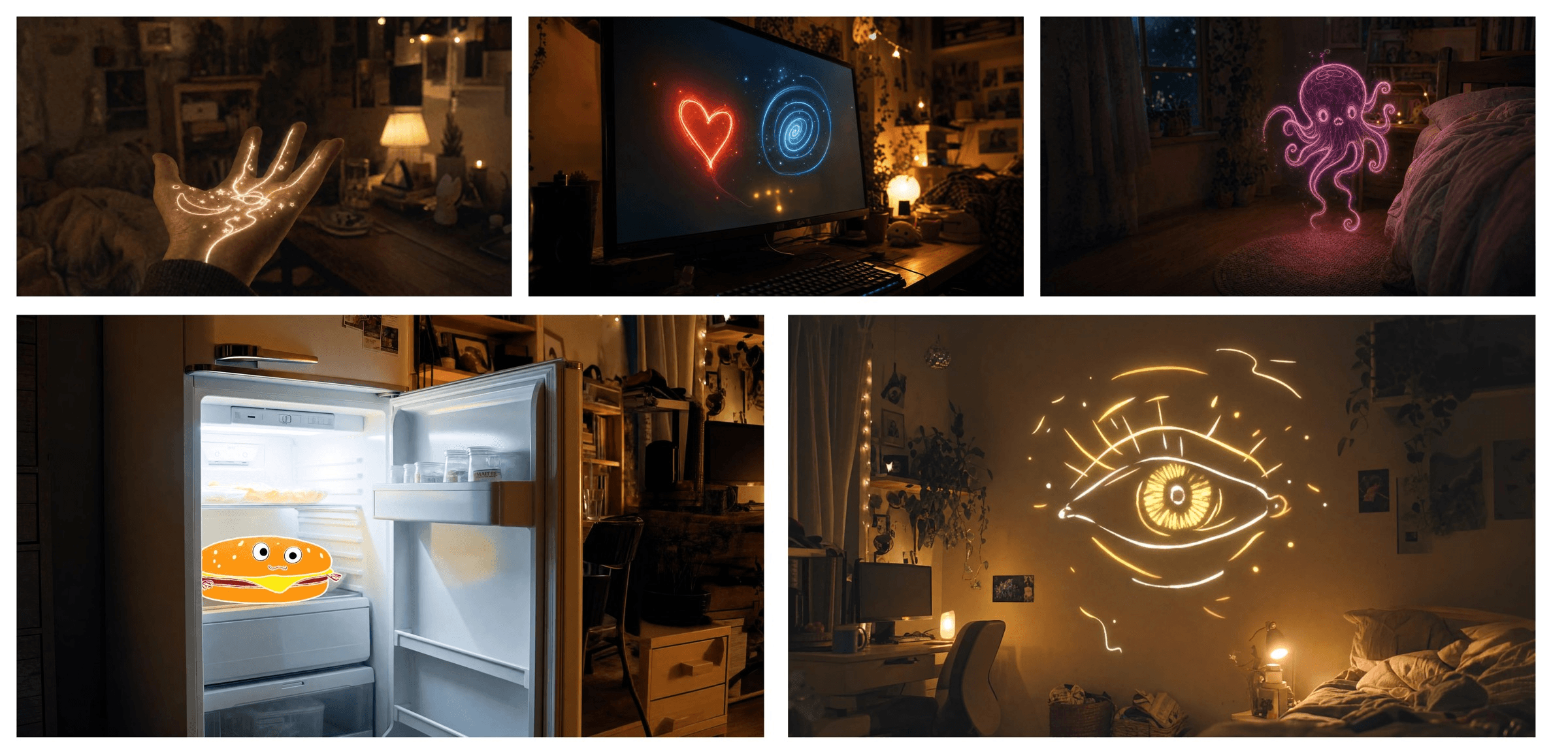 Five official Kling 4.0 keyframe inputs showing glowing hand-drawn doodles on a hand, a monitor, a bedroom, an open fridge and a bedroom wall, used to guide one multi-keyframe video