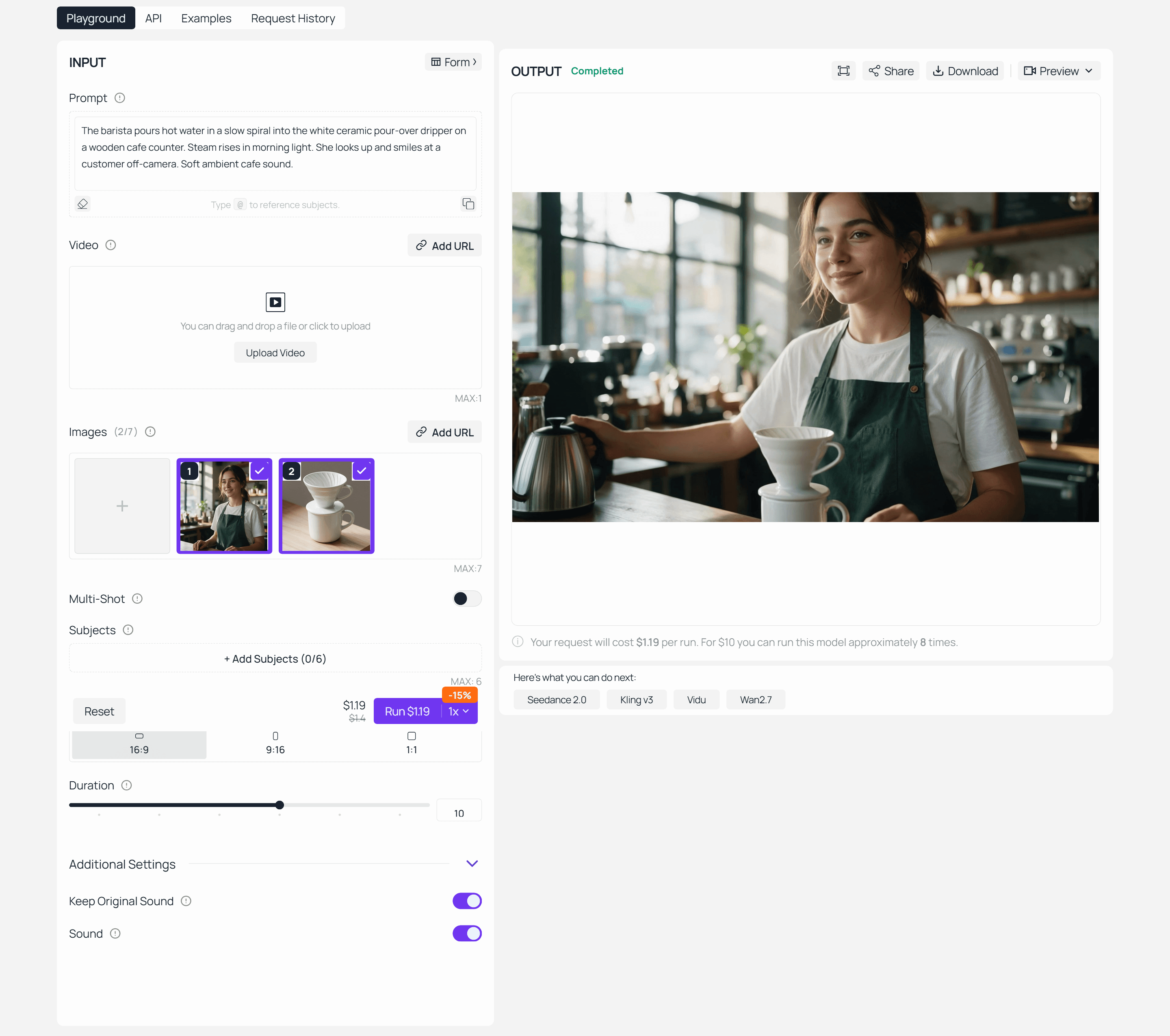 Kling Video O3 Pro Reference-to-Video playground on Atlas Cloud with a barista photo and a ceramic pour-over dripper as reference images, the pour-over prompt, and the finished 10-second café clip in the output panel