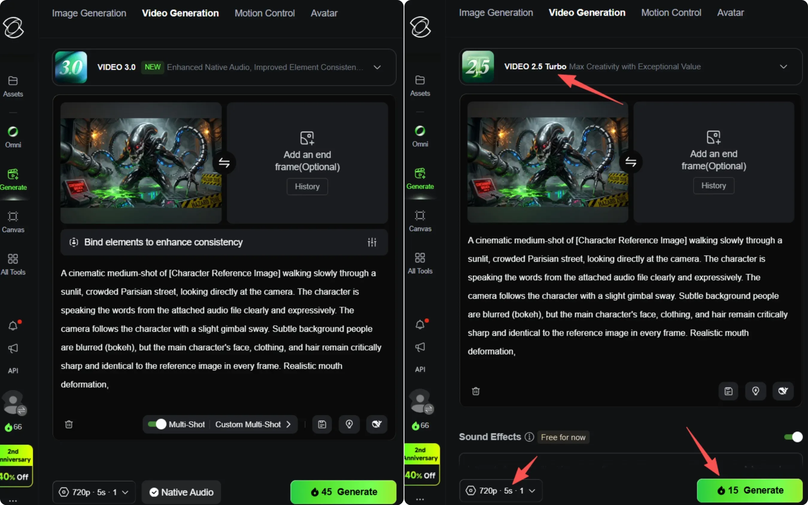 Kling AI cost comparison screenshot, 2026 update. On the left, a 5-second 720p video generated using VIDEO 3.0 with native audio requires 45 credits. On the right, the same 5-second 720p video generated using VIDEO 2.5 Turbo only requires 15 credits, as indicated by red arrows