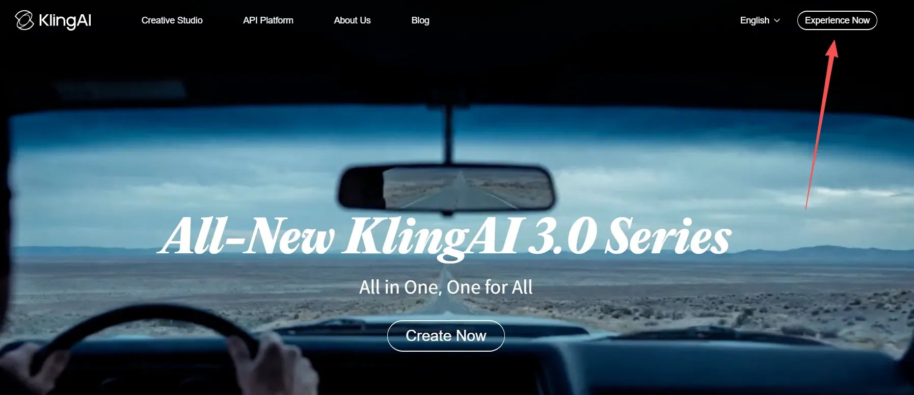 Kling AI homepage interface showing the "Experience Now" button on the top right corner with a red arrow for user login