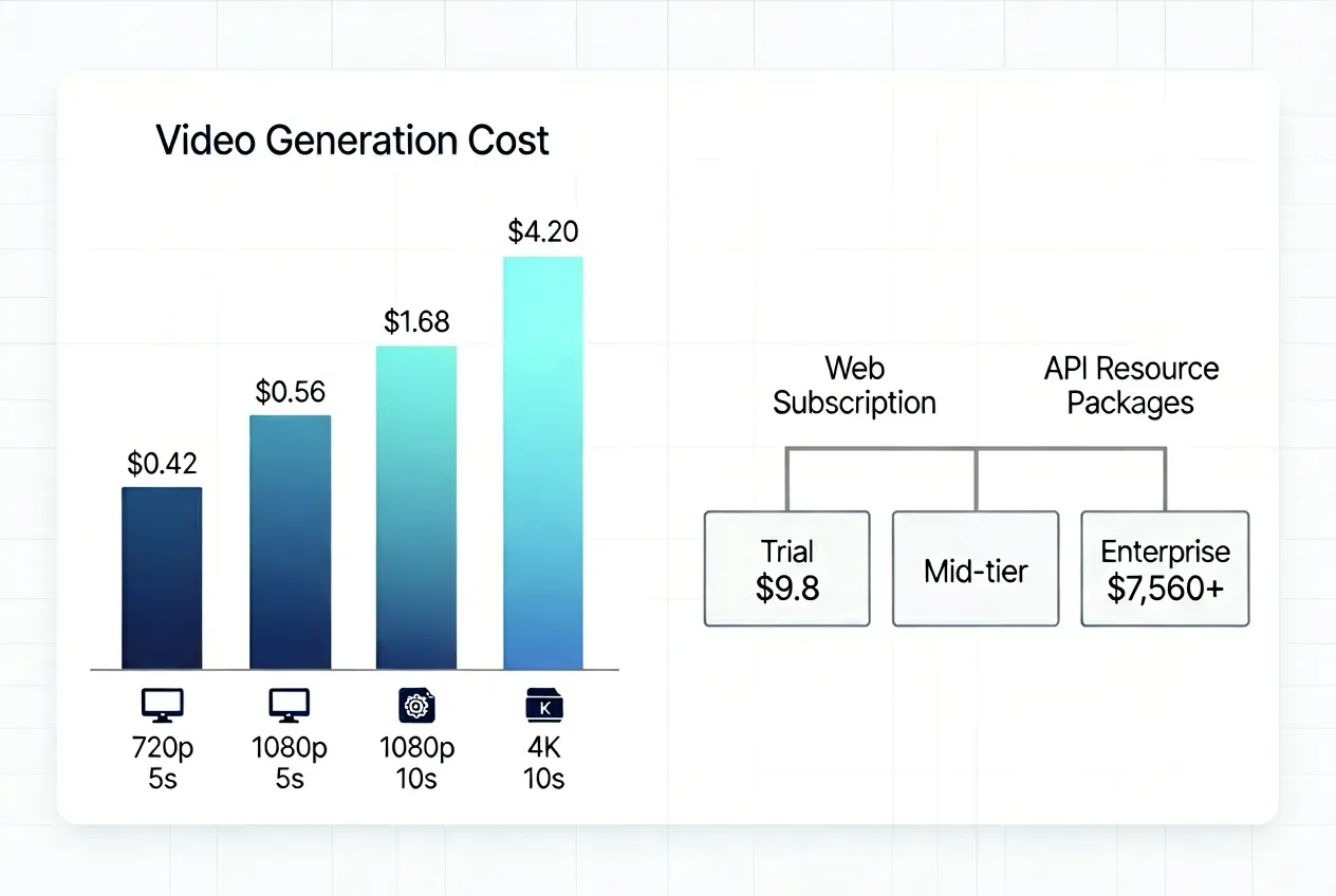 Bar chart comparing Kling AI video generation costs and API versus web subscription billing separation