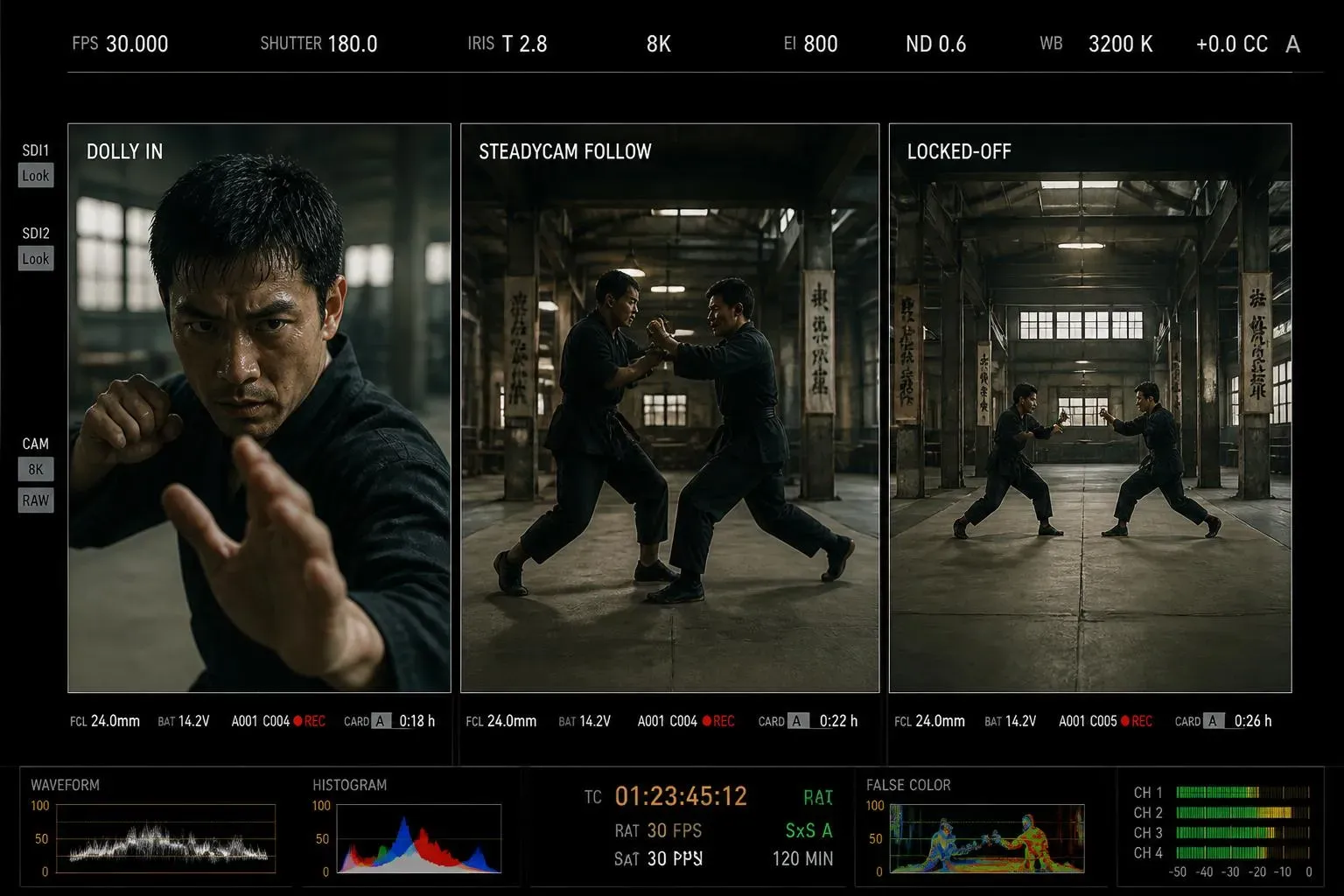 Comparison of AI-generated kungfu camera techniques: Dolly In for close-up tension, Steadycam Follow for dynamic combat fluidity, and Locked-off for technical precision in martial arts videos