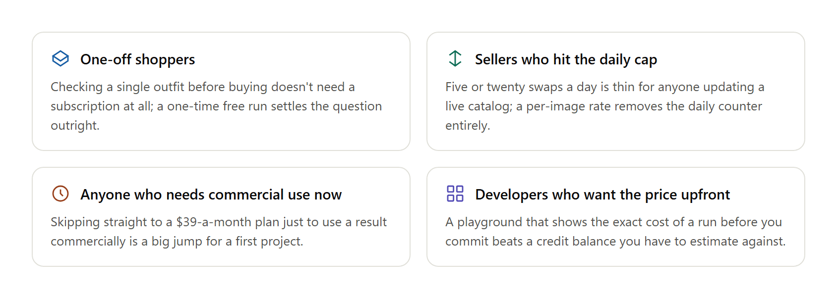 Four scenarios for switching from Bitstudio: one-off shoppers, sellers hitting daily limits, users needing commercial rights right away, and developers wanting transparent per-run pricing.