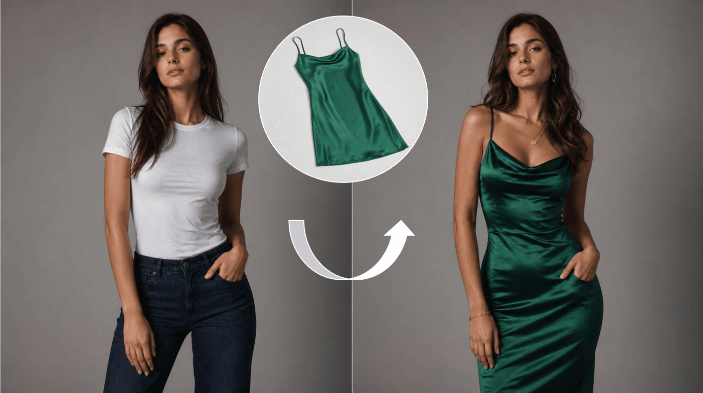 Before and after of an AI clothes changer, the same person in casual clothes on the left and a new outfit on the right, a visual answer to searching for a Bitstudio AI clothes changer alternative.