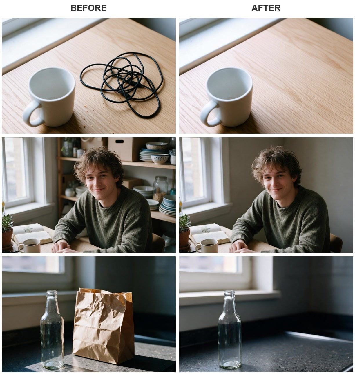 Three before and after pairs edited with Atlas Cloud Image Edit, showing a coiled charging cable and crumbs cleared from a wooden desk, a cluttered kitchen background replaced with a plain wall behind a seated man, and a paper bag removed from a counter.