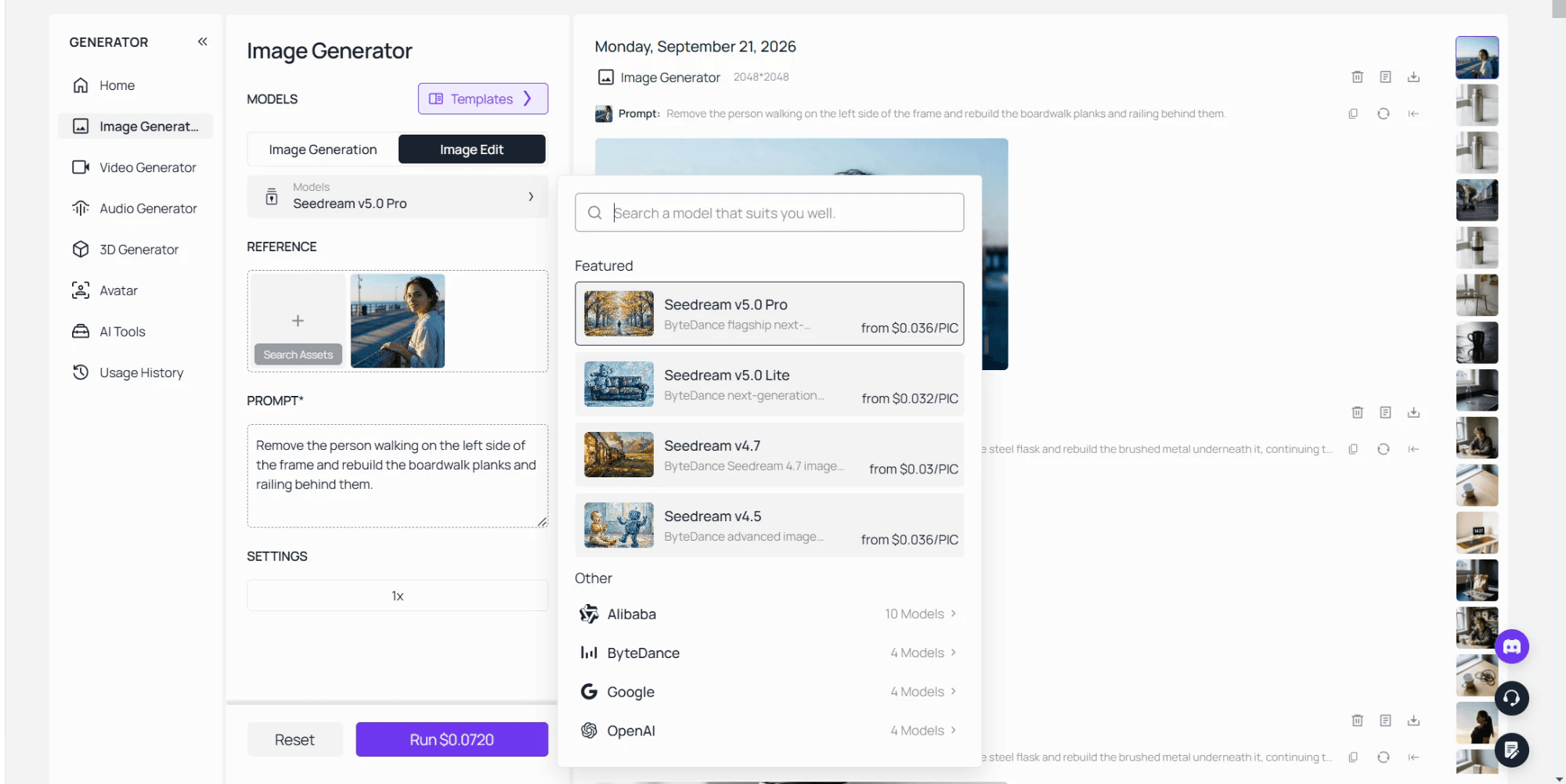 The Atlas Cloud Image Edit workspace with the model selector open above the reference upload slot and the prompt box, and the price of the next run printed on the Run button.