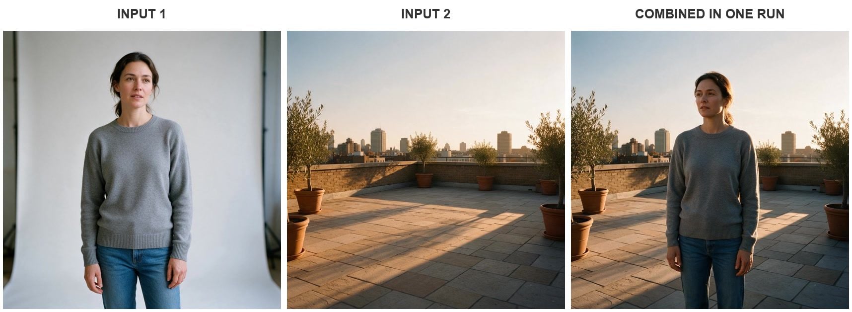 Two separate photographs, a woman on a studio backdrop and an empty rooftop terrace at golden hour, beside the single combined image Atlas Cloud Image Edit returned from one instruction.