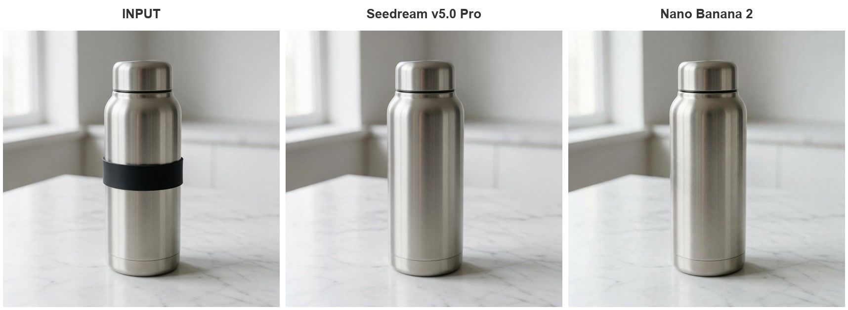 One product photo of a steel flask edited by two different AI models from the same instruction, with the input and both results side by side and each result labelled.