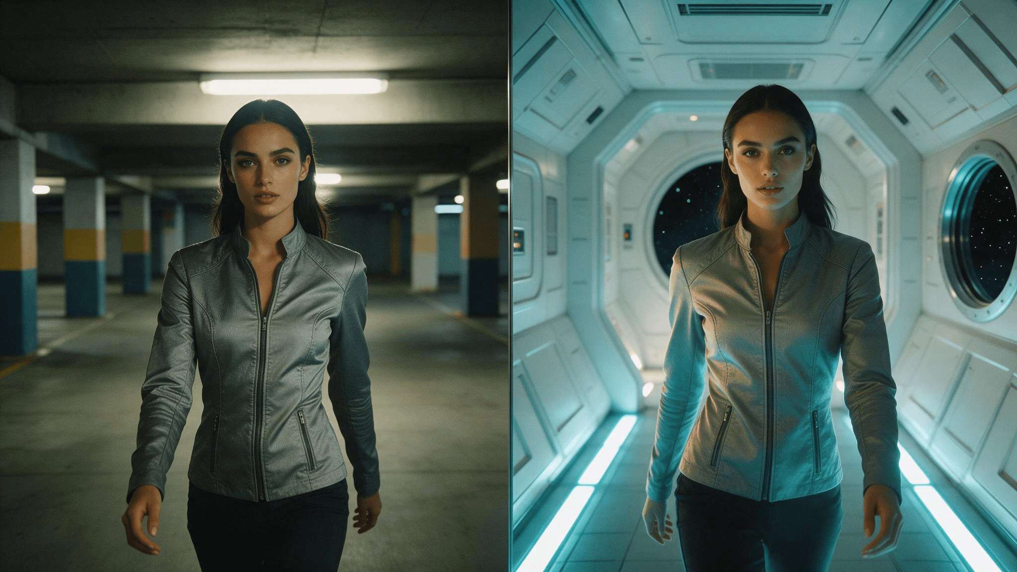 Split-frame photo of the same woman in a silver jacket walking toward the camera, in a concrete parking garage on the left and a spaceship corridor with cyan light strips on the right, representing a Luma Modify Video restyle that keeps the performance and changes the world