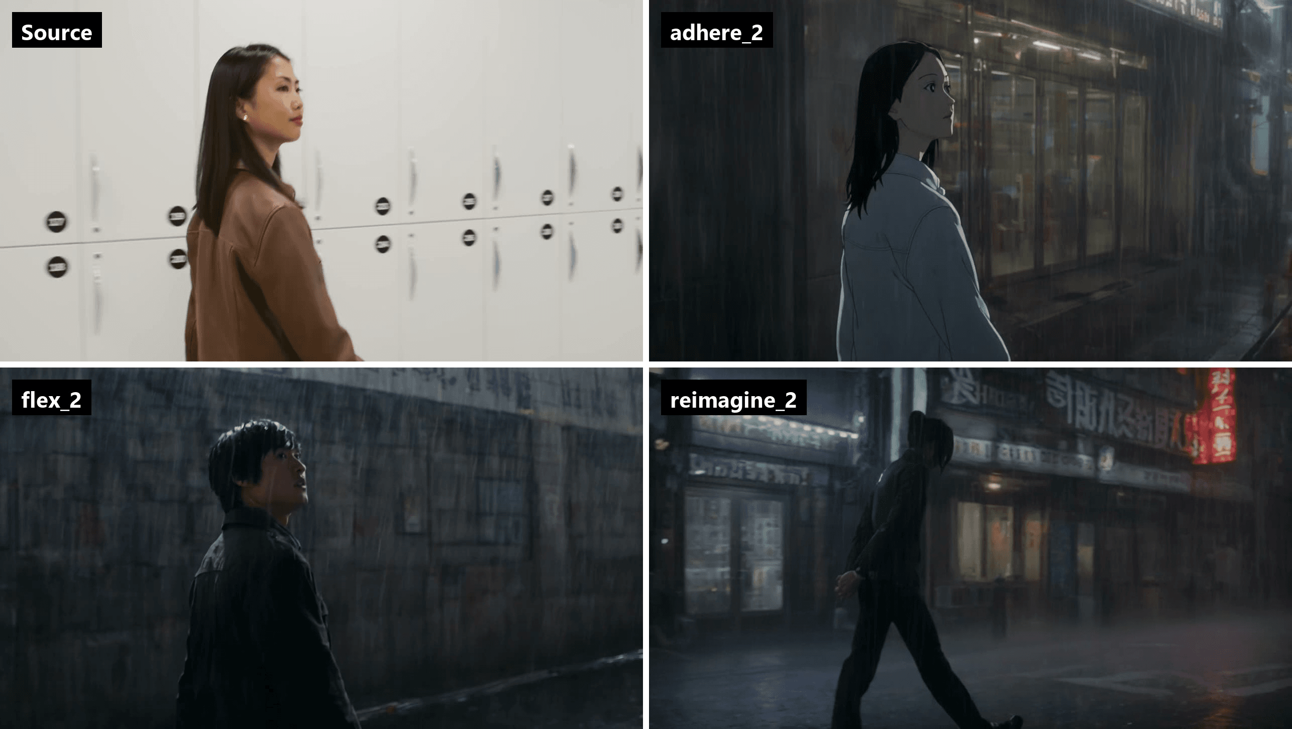 Four matching frames from one clip run through Luma Ray 3.2 video-to-video on Atlas Cloud: the source woman walking past white lockers, the adhere_2 output keeping her face and walk in a hand-drawn rainy storefront, the flex_2 output keeping the framing with a recast figure against a wet brick wall, and the reimagine_2 output pulled back to a wide neon street