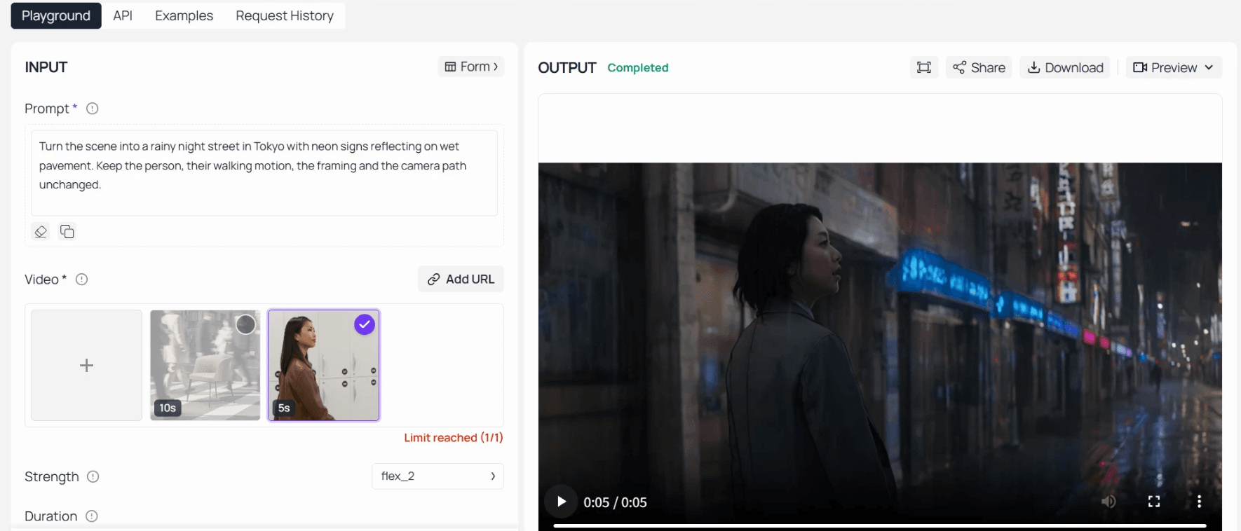 Atlas Cloud playground for Luma Ray 3.2 video-to-video with the locker clip uploaded, the rainy Tokyo prompt entered, strength set to flex_2 and the completed output showing the woman on a neon-lit wet street