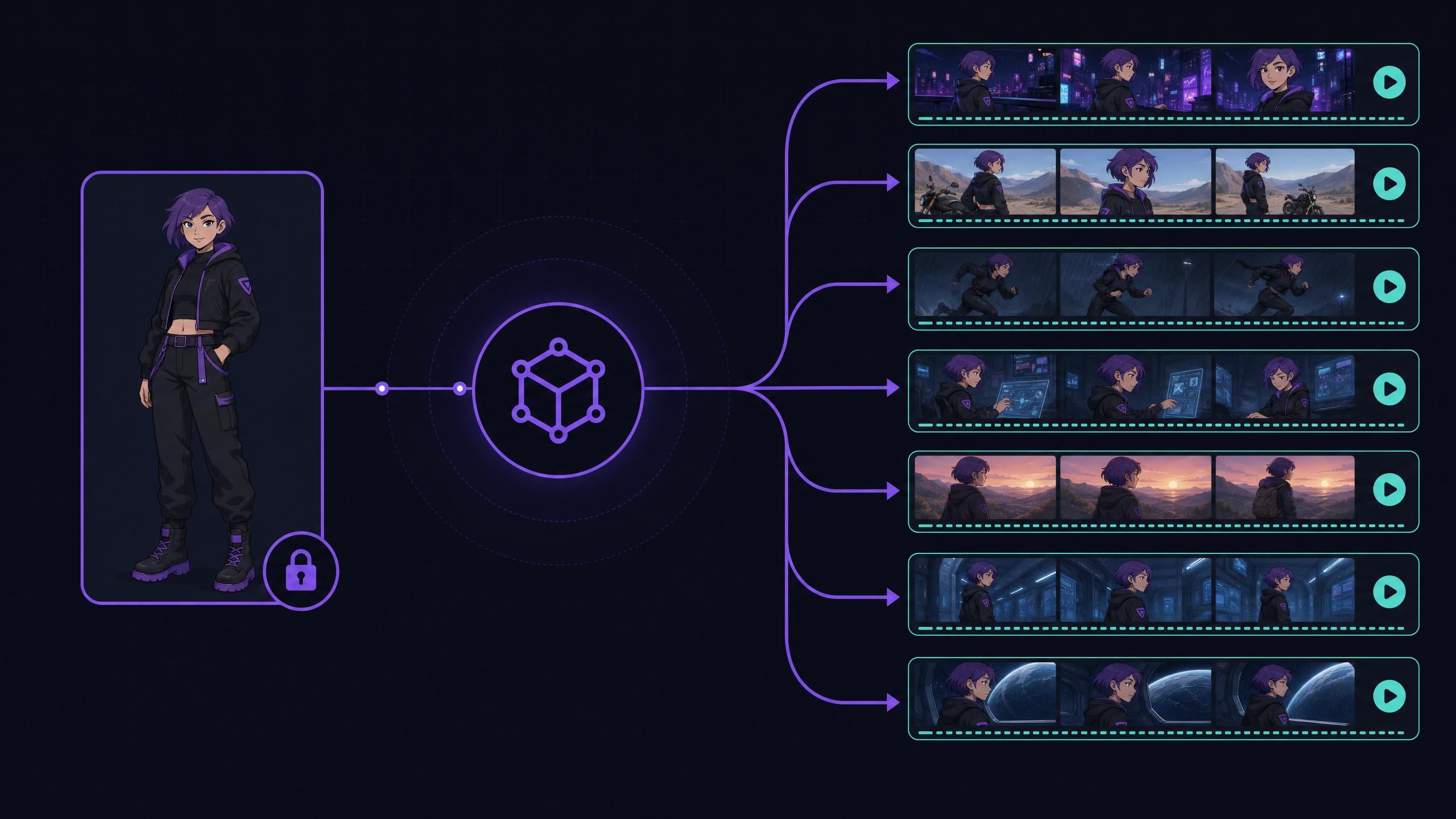 many parallel generated clips that all share the same character identity.