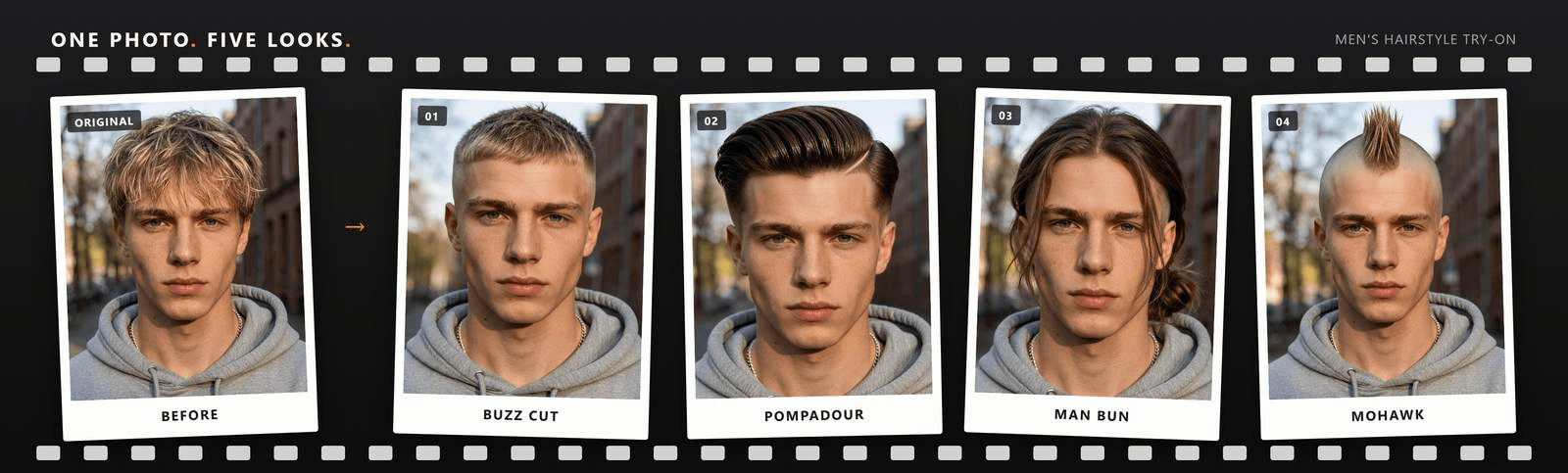 Before and after of a men's hairstyle try-on test, the same man with his original haircut on the left and a textured crop with a low fade and darker brown dye on the right, generated by an AI hairstyle changer.