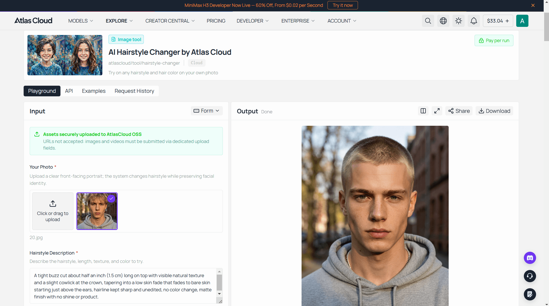 Screenshot of the Atlas Cloud AI Hairstyle Changer tool interface with a photo uploaded, a written haircut description in the hair request field, and the generated result shown alongside it.