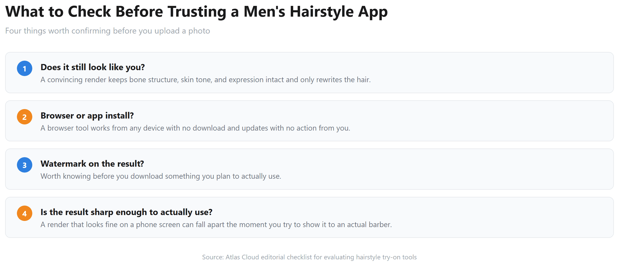 Four-point checklist for evaluating a men's hairstyle app, covering whether the render still looks like you, browser versus app access, watermarks, and output resolution.