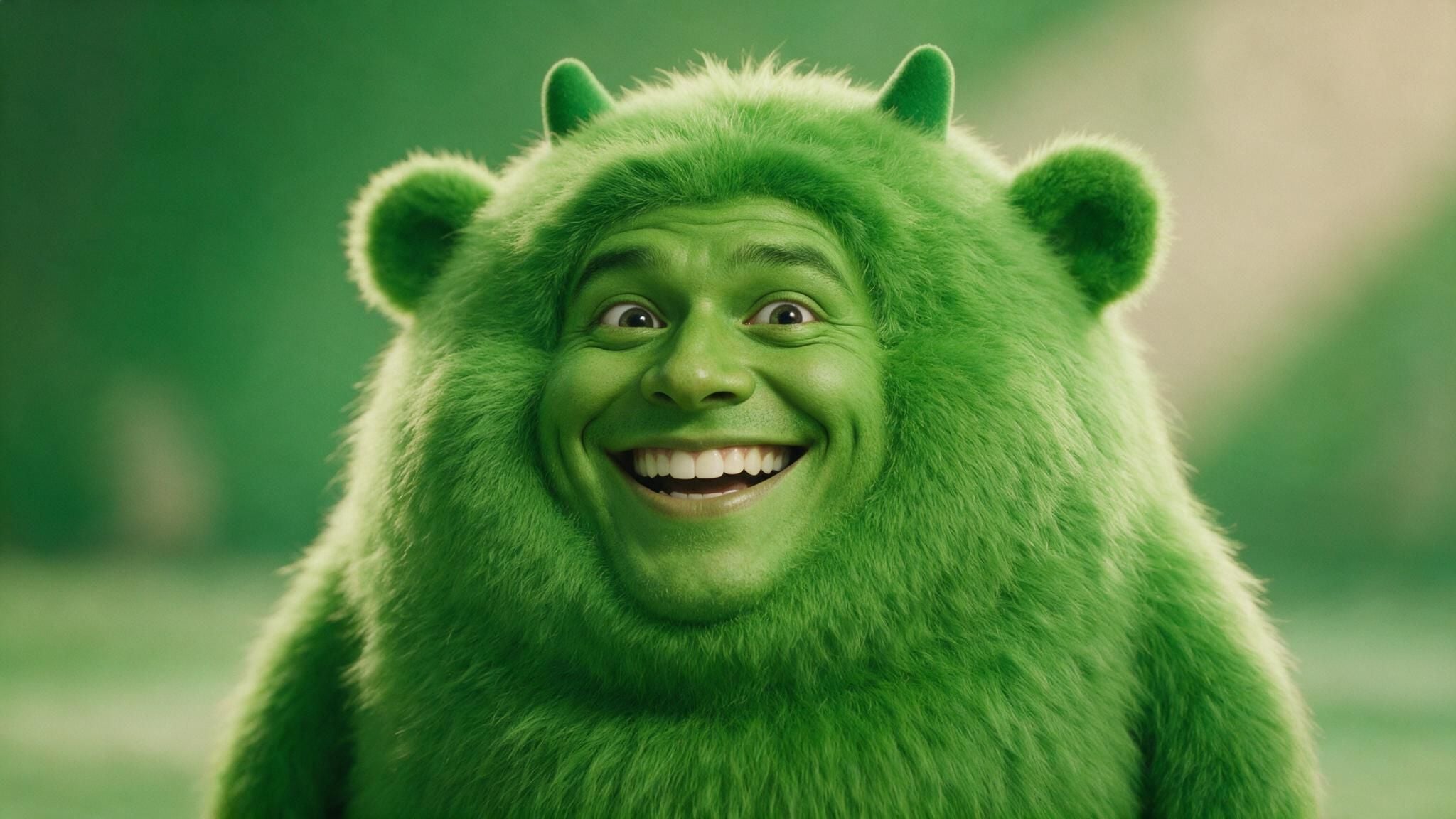 Smiling man with green face in a furry green monster costume