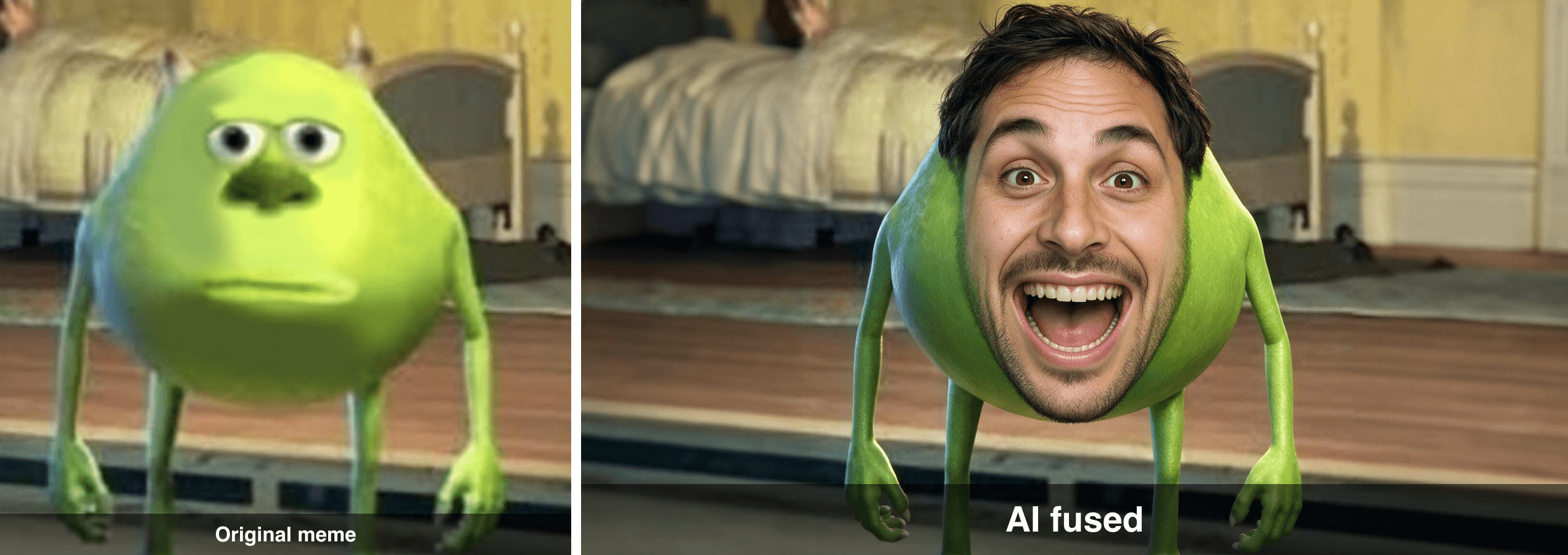 Comparison of Mike Wazowski meme and a version with a human face