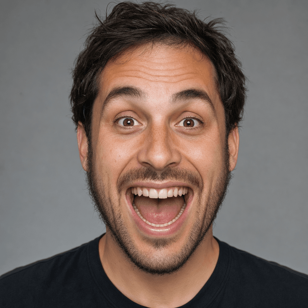 Excited man with wide eyes and a wide open mouth