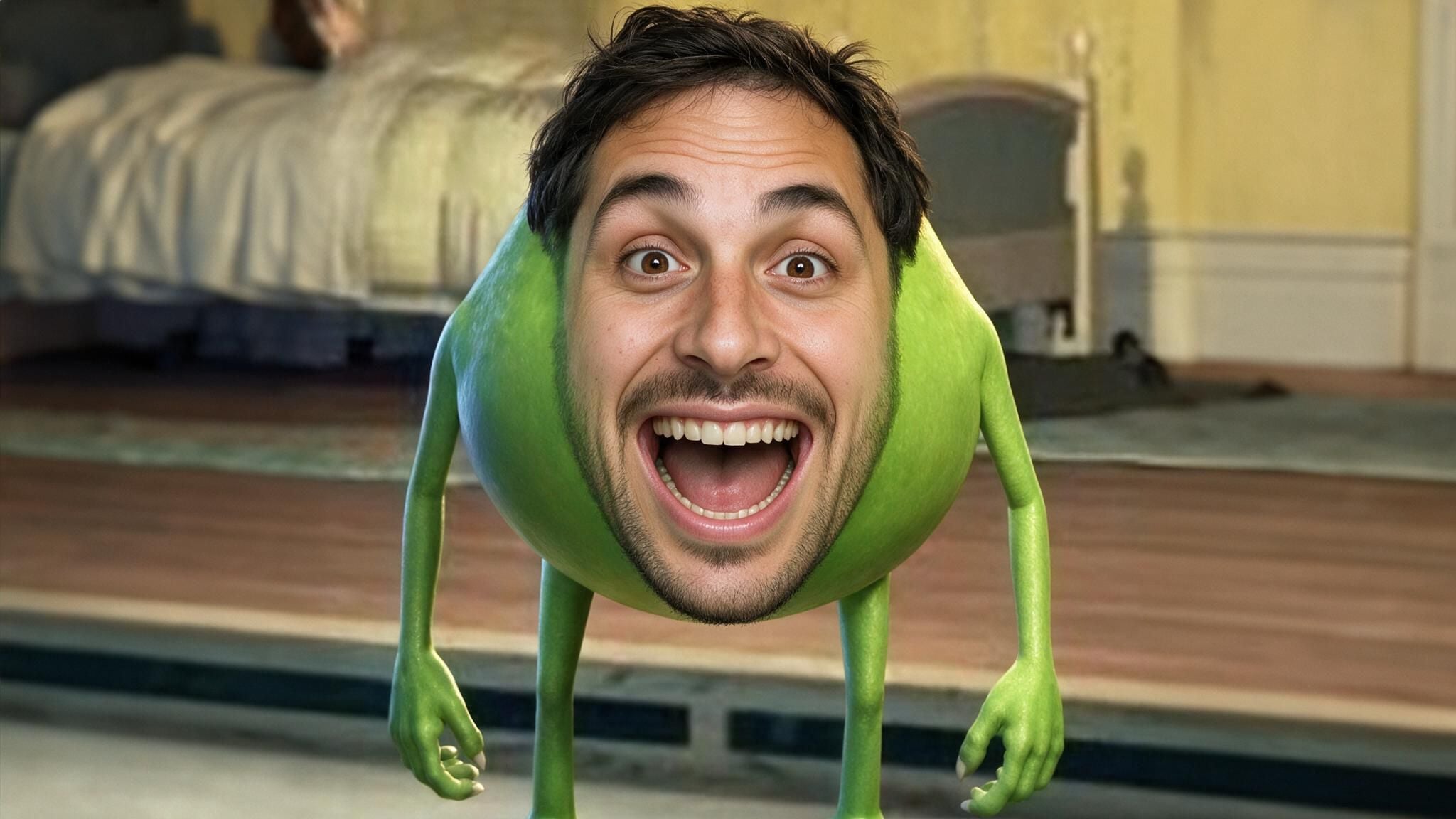 Smiling man's face photoshopped onto Mike Wazowski's green body