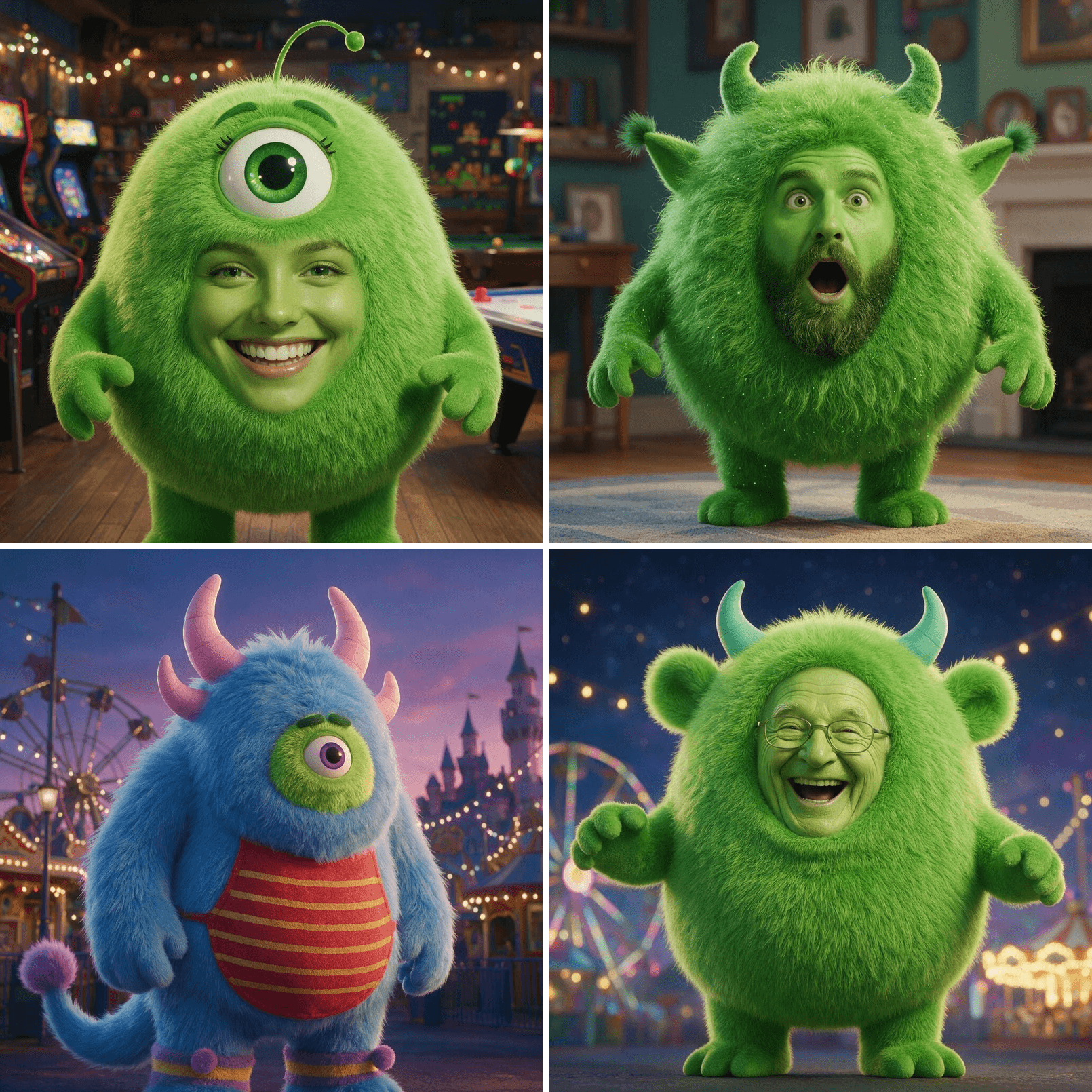 Four furry cartoon monsters, three with realistic human faces_