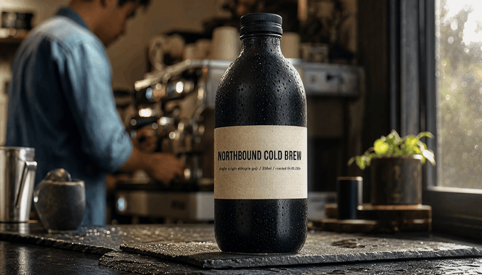 Bottle of Northbound Cold Brew coffee on a cafe counter