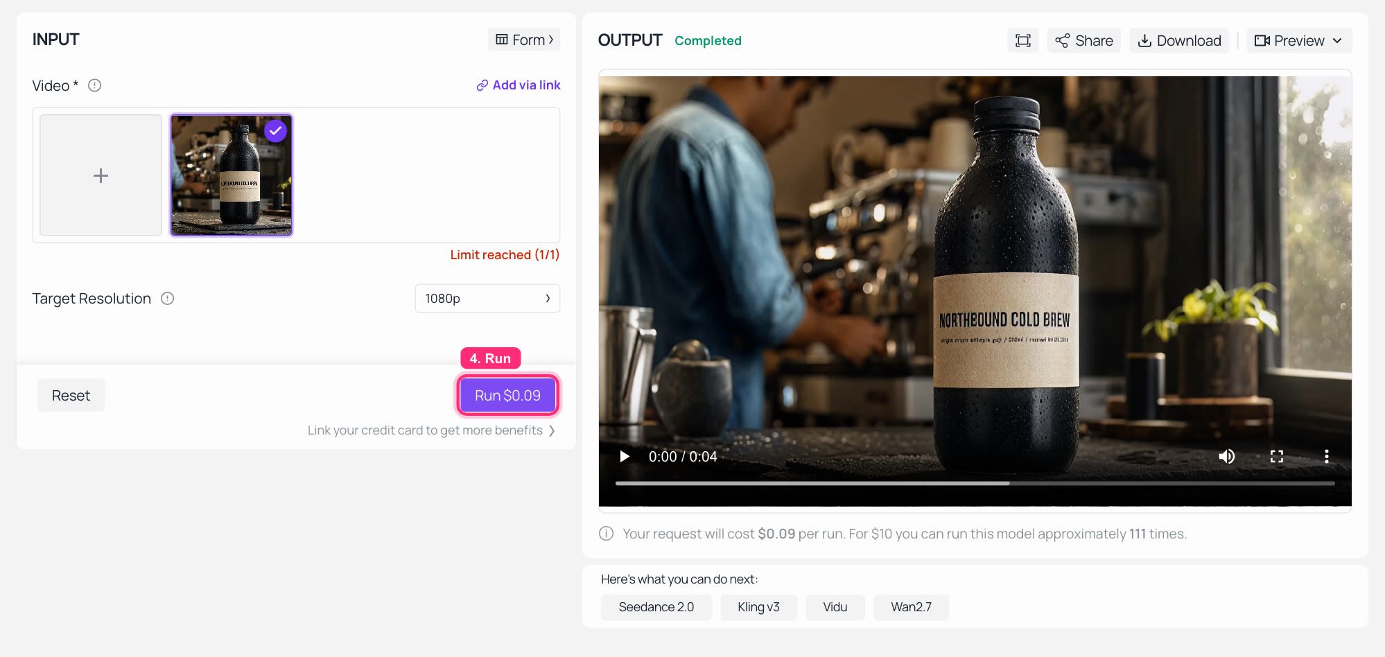 AI video generator interface showing input and completed output video