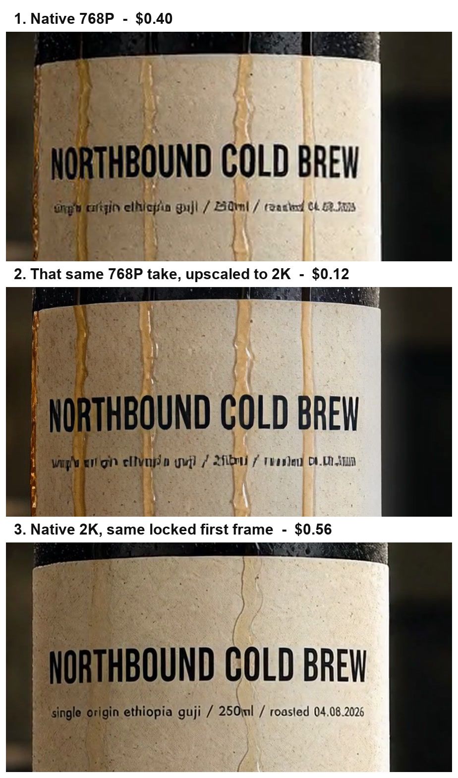Three-panel comparison of cold brew bottle labels at different resolutions