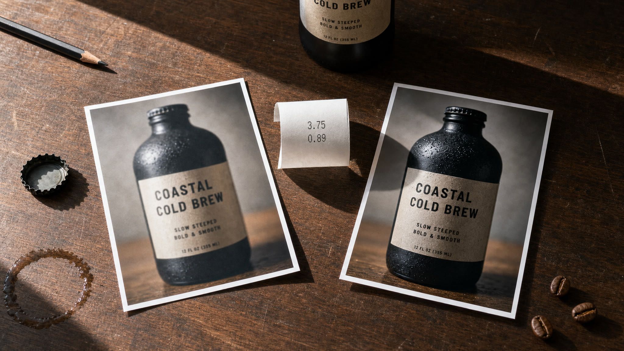 Two printed photos of cold brew bottles on a wooden table