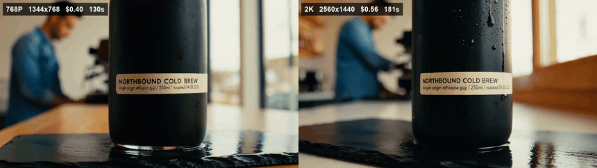 Side-by-side comparison of image resolution showing a cold brew bottle