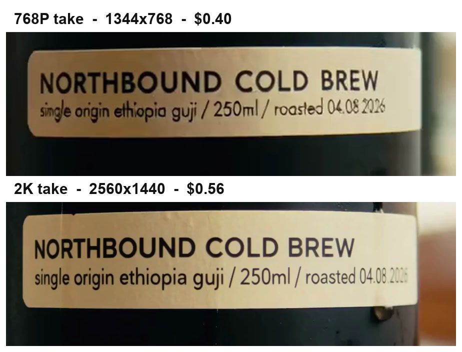 Comparison of 768p and 2K resolution on a cold brew label