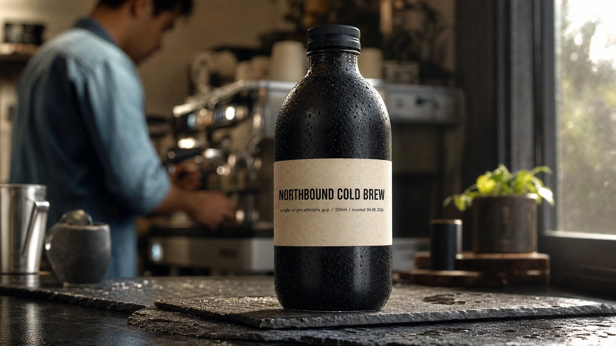 A bottle of Northbound Cold Brew coffee on a cafe counter