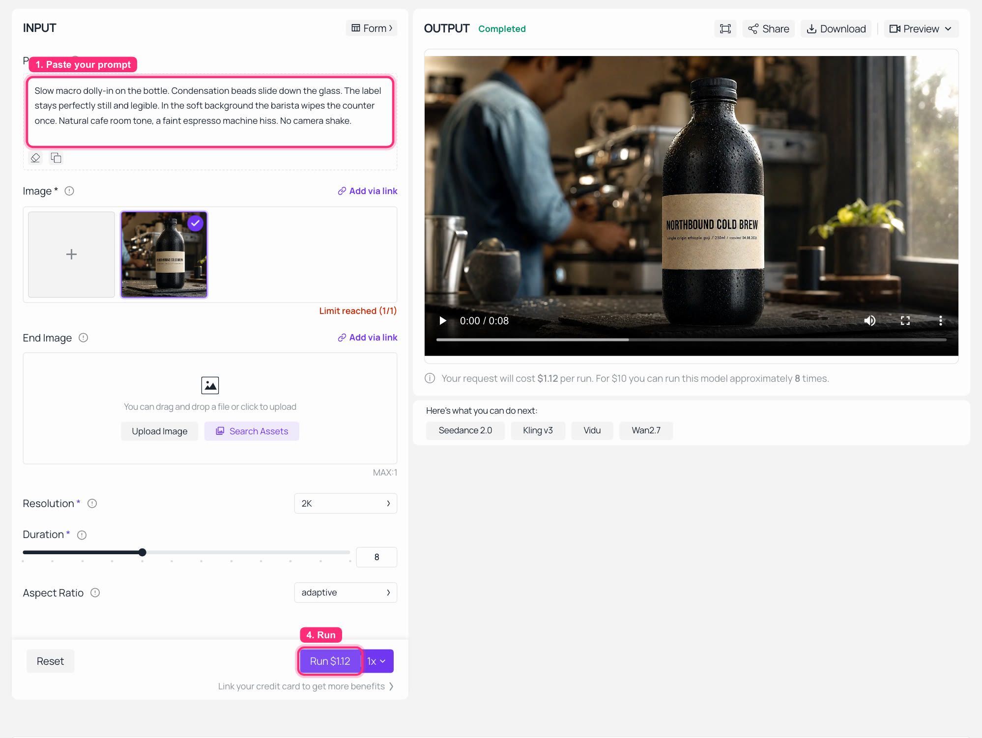 AI video generator interface with prompt and generated cold brew video