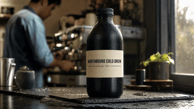 A bottle of Northbound Cold Brew coffee on a cafe counter
